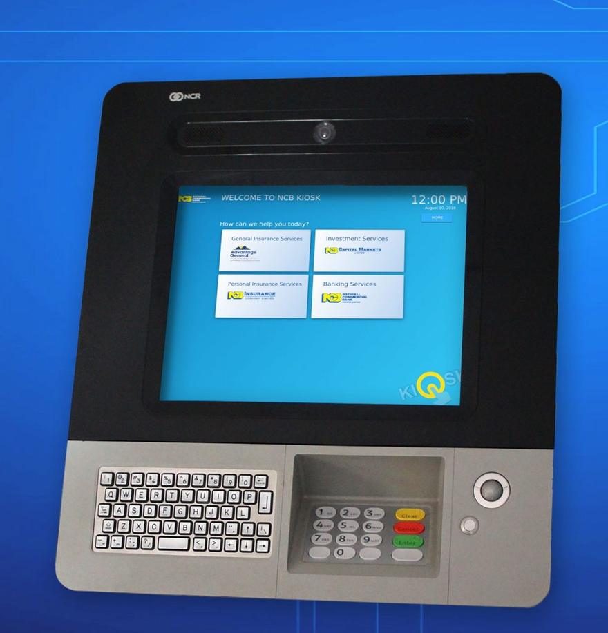 A wall-mounted self-service kiosk with a touchscreen, keyboard and PIN pad